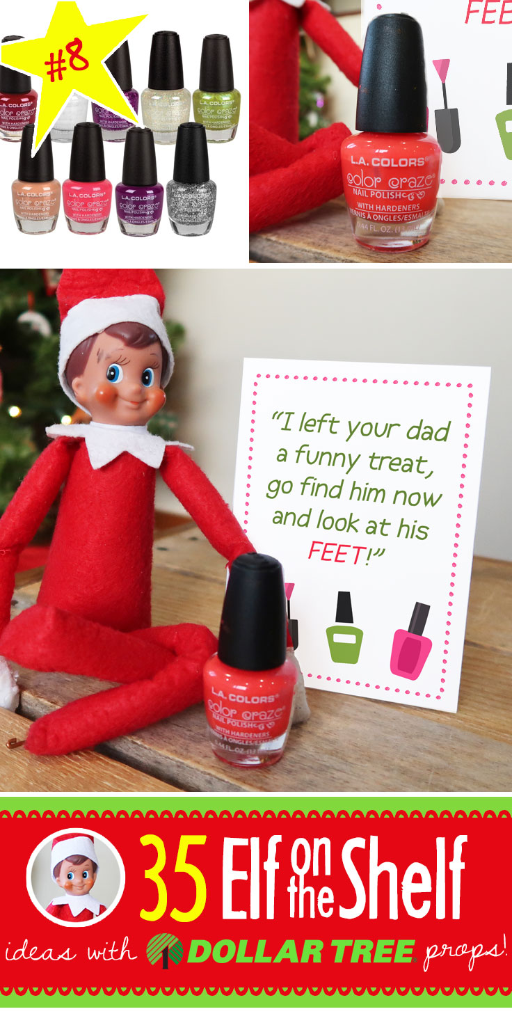 Super FUNNY Nail Polish prank for your Elf on the Shelf, PLUS 55 (and growing!) NEW Elf on the Shelf Ideas! Quick, easy, funny and each with a Dollar Tree prop, many with free printables like this one!! #elfontheshelf #ideas #easy #funny #toddler #free #pritnable