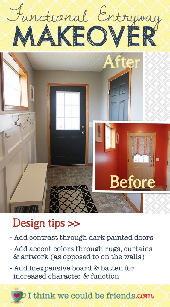 Functional entryway makeover with board and batten and dark contrasting doors.