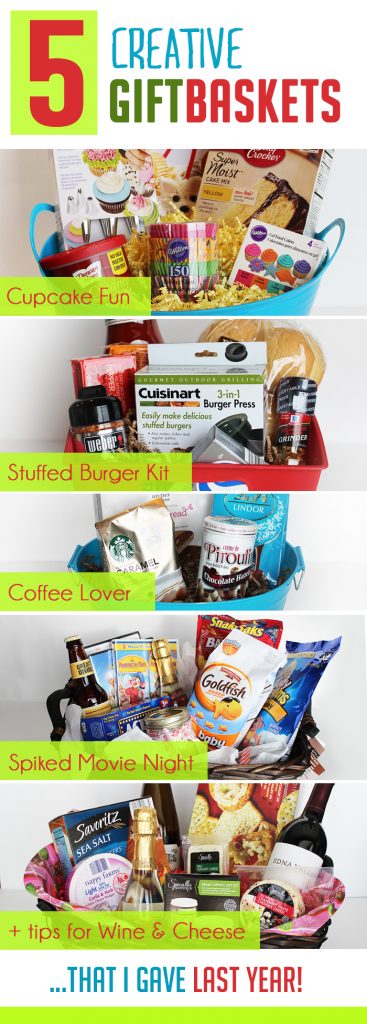 I love these ideas for Christmas gift baskets--especially the Cupcake and Stuffed Burger themed ones! #christmas #gift #basket #ideas #DIY