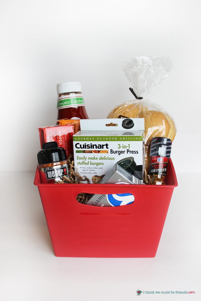 5 Creative Gift Baskets: A stuffed burger press is the centerpiece of this unique and fun holiday gift basket!