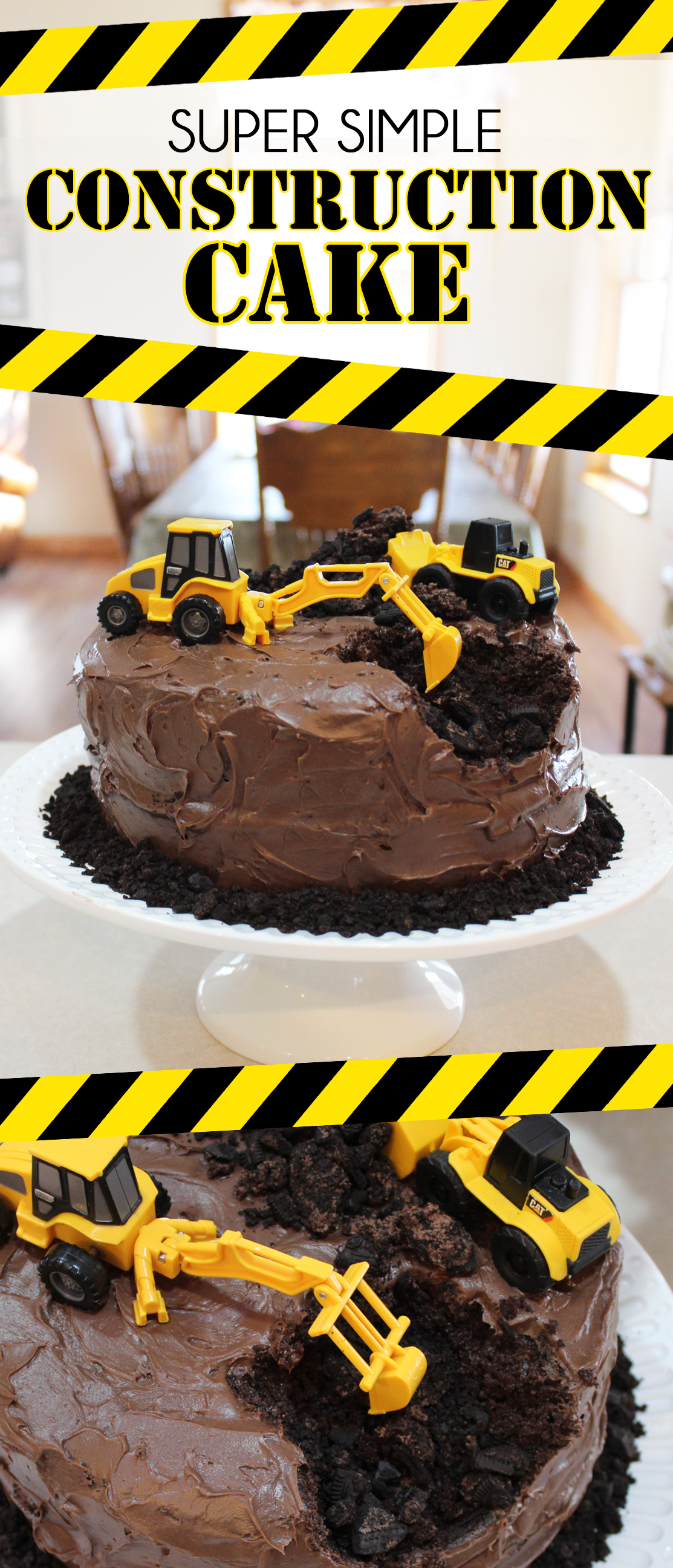 This Construction Themed Birthday Cake is perfect for the heavy equipment operator in your life! (Or 3-yr old obsessed with loaders and back hoes!) This cake is super easy to make but will be a huge hit at the party!