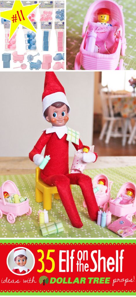 Elf is a Lego Man nanny! Plus, 55+ (and growing!) NEW Elf on the Shelf ideas for this year! These fun, creative & EASY ideas all include an item from the Dollar Tree! #Christmas #ElfOnTheShelf #Ideas #Easy #Funny #Toddler #DIY #DollarStore