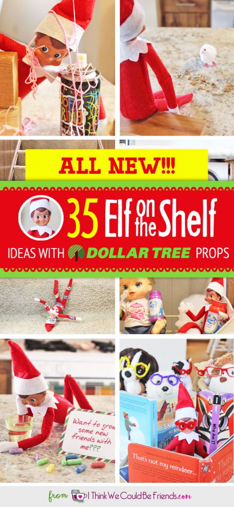 ALL NEW Elf on the Shelf ideas for this year!! The best NEW creative (EASY & funny) DIY Elf on the Shelf ideas for toddlers through teens each with a Dollar Tree prop! Many with FREE Christmas printable, too! #Christmas #ElfOnTheShelf #Ideas #Easy #Funny #Toddlers #DIY #DollarStore
