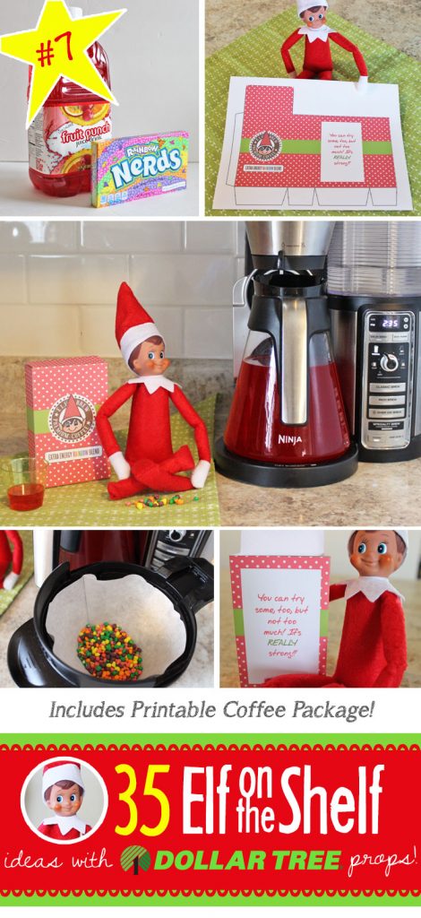 Elf Coffee- so this is what Elf drinks to keep his energy up! And 55+ NEW Elf on the Shelf ideas for this year!! These fun, creative & EASY Elf on the Shelf ideas all include an item from the Dollar Tree! #Christmas #ElfOnTheShelf #Ideas #Easy #Funny #Toddler #DIY #DollarStore