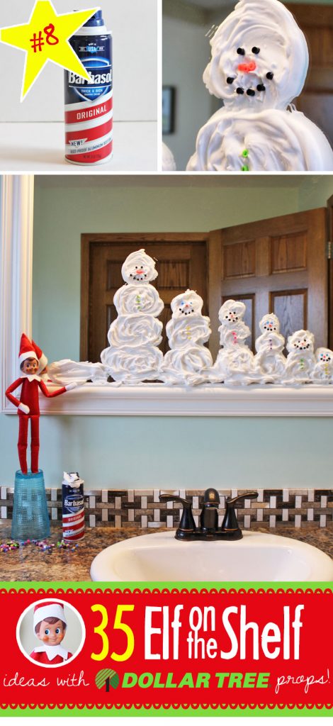 Shaving cream snowmen (one for each member of your family!) and 55+ NEW Elf on the Shelf ideas (and growing!!!) Each funny and clever, each with a Dollar Tree prop and many with free printables!! Your toddler through teens will LOVE these Elf on the Shelf ideas!! #elfontheshelf #ideas #easy #funny #toddler #free #printable