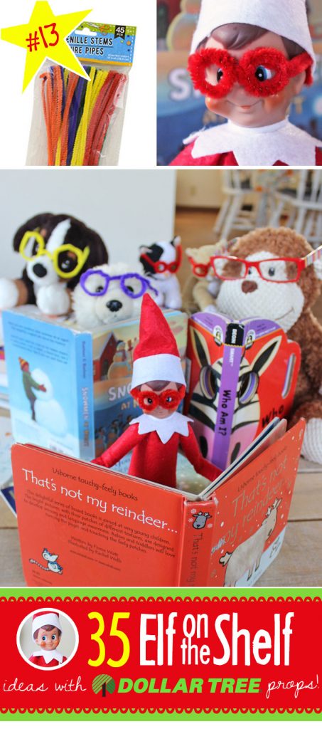 Pipe cleaner glasses! How cute! And 55+ BRAND NEW Elf on the Shelf ideas for this year! These fun, creative & EASY Elf on the Shelf ideas all include an item from the Dollar Tree! #Christmas #ElfOnTheShelf #Ideas #Easy #Funny #Toddler #DIY #DollarStore