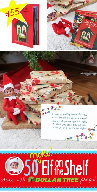 How nice! Elf on the Shelf brought a stack of books, one to read each night from now until Christmas! Some are old and some are new, pick one each night to unwrap and read! Click through for the free printable and 55+ more new ideas!! #elfontheshelf #ideas #easy #quick #funny #toddler