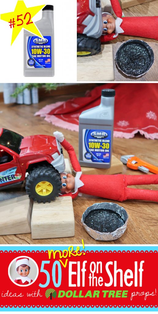 Wow! Elf on the Shelf went ALL out with this oil change! He even has an oil pan and real oil!! Find this and 55+ NEW ideas here, many with free printables!! #elfontheshelf #ideas #quick #easy