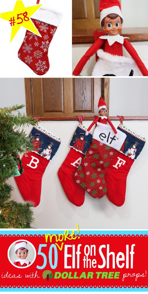 Oh my! Elf added HIS OWN stocking this year!! What a clever idea! Find this and over 55 more NEW ideas for your Elf on the Shelf!! #elfontheshelf #ideas #quick #easy #funny #toddler
