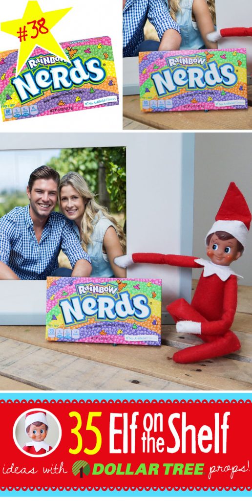 Nerds!?! True, but not very nice Elf!!! Click through for 55+ BRAND NEW Elf on the Shelf ideas for this year! These fun, creative & EASY Elf on the Shelf ideas all include an item from the Dollar Tree! #Christmas #ElfOnTheShelf #Ideas #Easy #Funny #Toddler #DIY #DollarStore