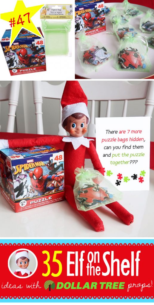Puzzle Hunt! Divide up the pieces of a puzzle into these little favor bags and hide them! Your kids will love finding them and putting the puzzle together!! And, 55+ BRAND NEW Elf on the Shelf ideas for this year! These fun, creative & EASY ideas all include an item from the Dollar Tree! #Christmas #ElfOnTheShelf #Ideas #Easy #Funny #Toddler #DIY #DollarStore
