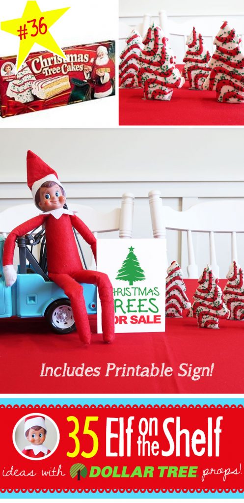 Christmas Trees for sale! And 55+ New Elf on the Shelf Ideas, each with a Dollar Tree prop and many with Free Printables (like this one!) #elfontheshelf #ideas #easy #funny #freeprintable