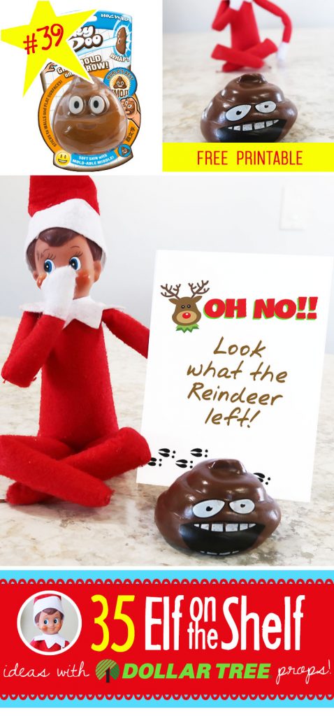 Oh no! Those reindeer need to clean up after themselves!!! 55+ ALL NEW Elf on the Shelf ideas for this year!! These fun, creative & EASY ideas all include an item from the Dollar Tree! #Christmas #ElfOnTheShelf #Ideas #Easy #Funny #Toddler #DIY #DollarStore