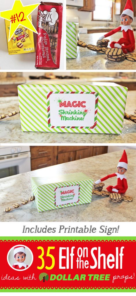 Magic Shrinking Machine! Big cookies go in and little ones come out!!! Find the free printable and 55+ NEW Elf on the Shelf ideas for this year! These fun, creative & EASY ideas all include an item from the Dollar Tree! #Christmas #ElfOnTheShelf #Ideas #Easy #Funny #Toddler #DIY #DollarStore