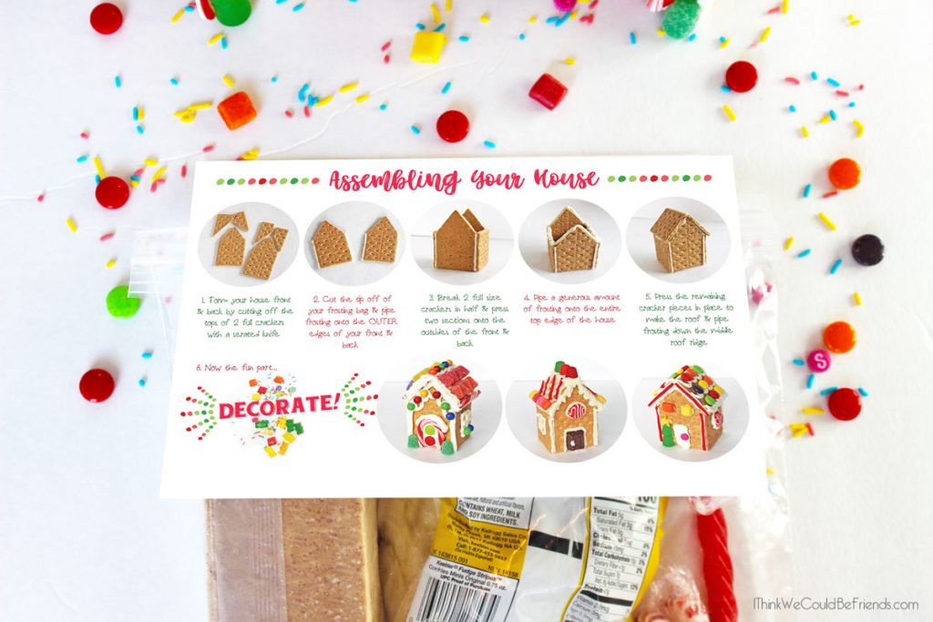DIY Gingerbread House Kit! Includes decorations, gingerbread house ideas and a free printable topper! Each kit makes to graham cracker gingerbread houses. Host a party or give them out to friends & family! #gingerbread #house #kit #ideas #decorations
