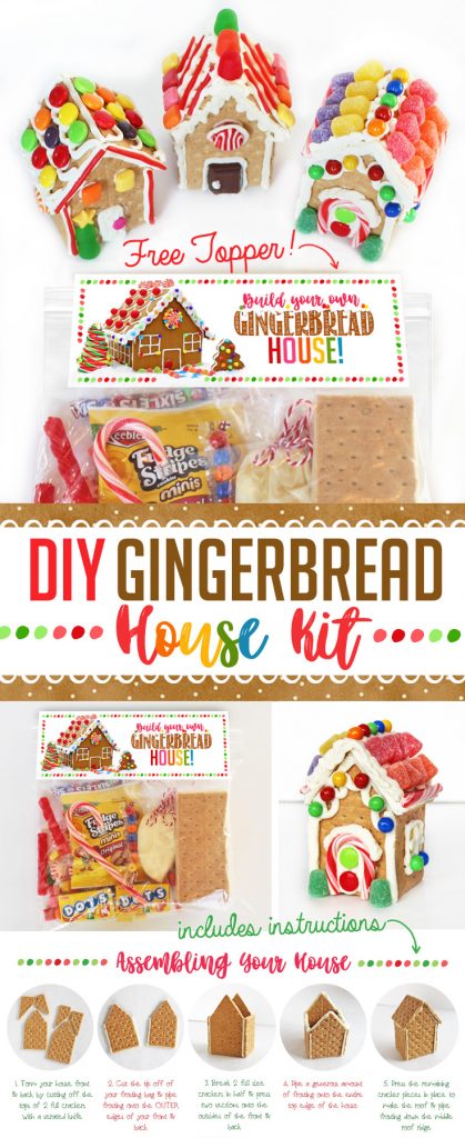 DIY Gingerbread House Decorating Kit! Includes gingerbread house materials, decorations, Gingerbread House ideas and a free printable topper! Each kit makes two graham cracker gingerbread houses and costs less than $2 to put together! Great party idea or give them out to friends & family! #gingerbread #house #kit #ideas #decorations #party #christmas