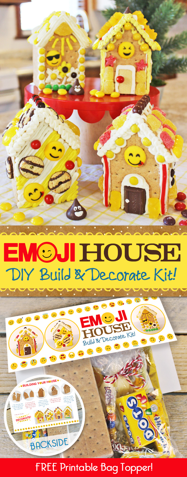 Looking for a fun Emoji Birthday Party idea? Our kids LOVED these Emoji Gingerbread Houses! They're just made from graham crackers and are EASY to make! Also includes a free printable bag topper to make your own Emoji Gingerbread House Build & Decorate kits! #Emoji #Birthday #Party #Ideas #Gingerbread #House #Decorations #Christmas