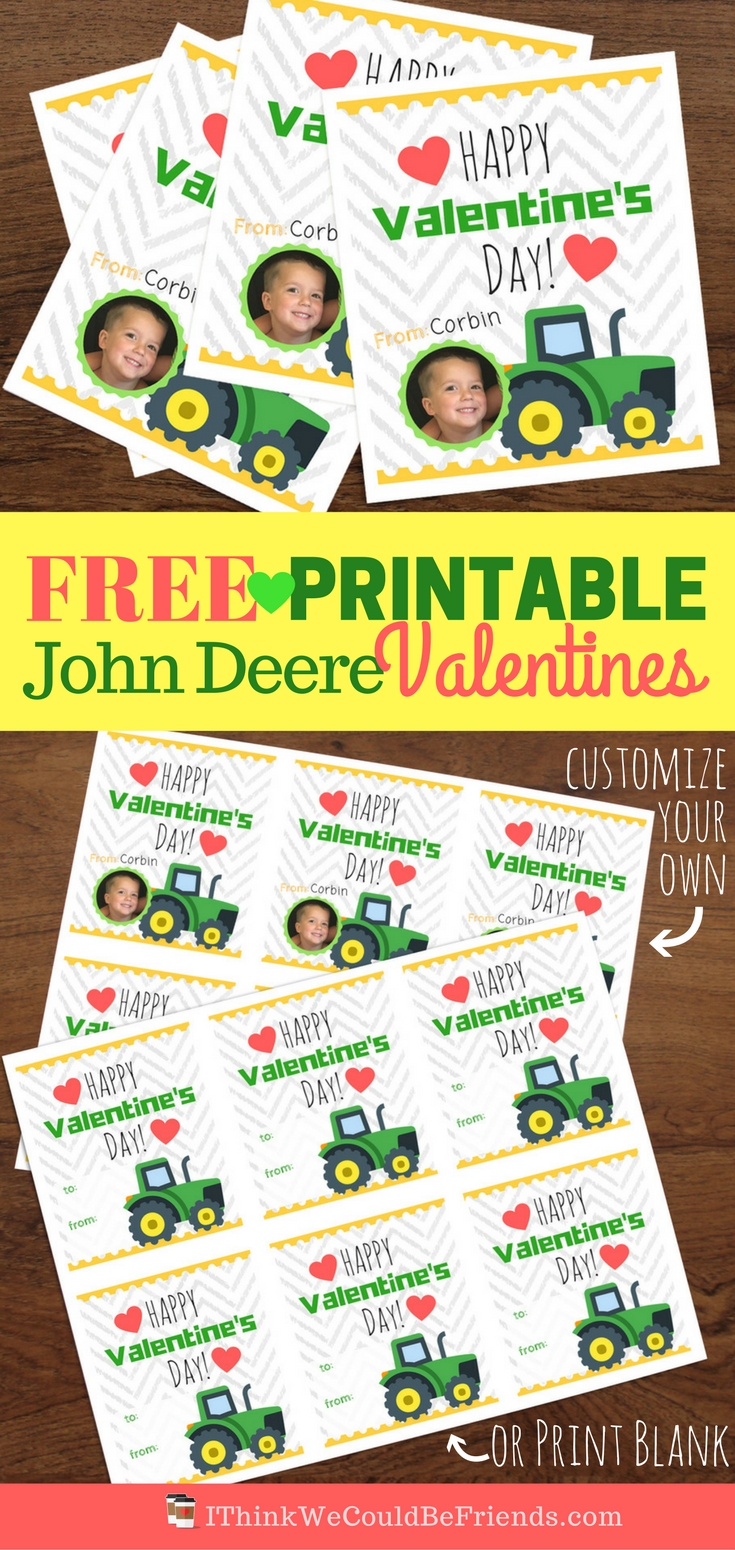 The John Deere fan in your house will LOVE these free printable John Deere Valentine's! Easy directions to customize them with your child's picture and name or just print the blank ones, they're free either way!! Our boys are SO excited to give these tractor valentine's out at school! #free #printable #john #deere #tractor #valentines #boys #kids #deer #customizable #loader #boy #green #heart