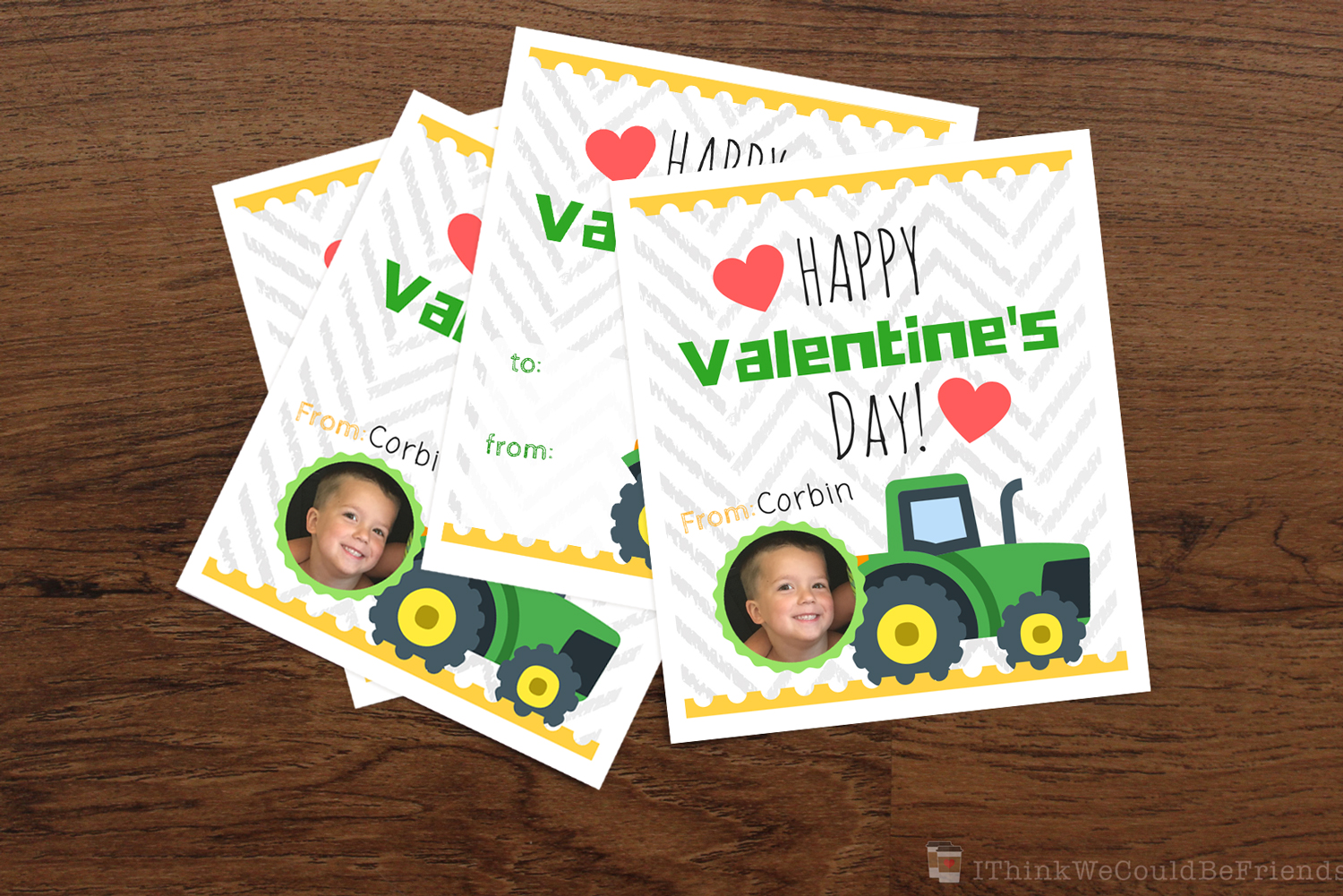 The John Deere fan in your house will LOVE these free printable John Deere Valentine's! Easy directions to customize them with your child's picture and name or just print the blank ones, they're free either way!! Our boys are SO excited to give these tractor valentine's out at school! #free #printable #john #deere #tractor #valentines #boys #kids #deer #customizable #loader #boy #green #heart