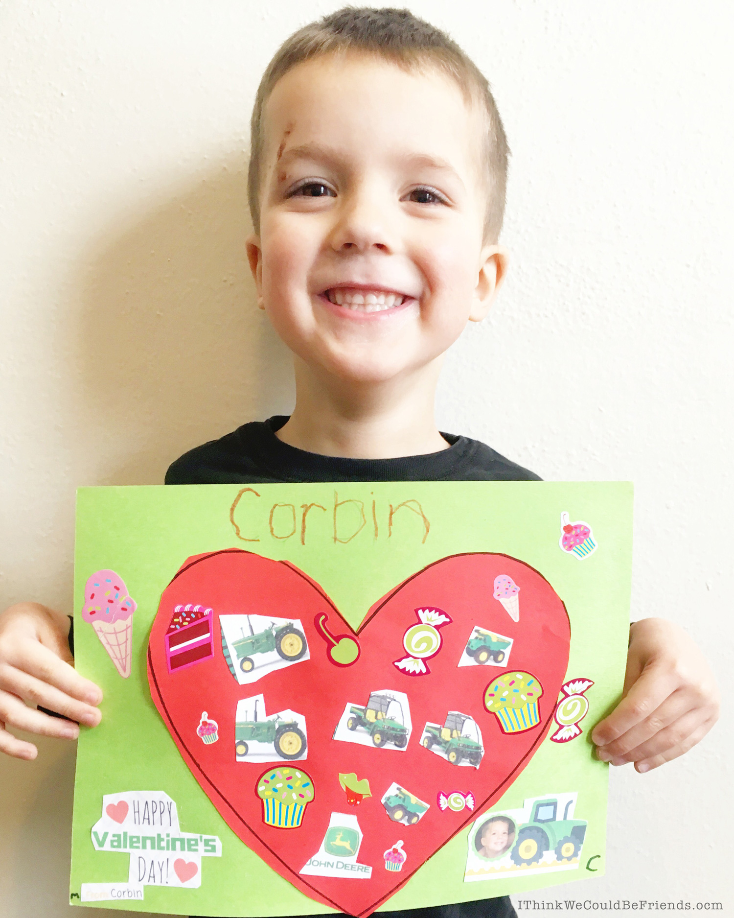 The John Deere fan in your house will LOVE these free printable John Deere Valentine's! Easy directions to customize them with your child's picture and name or just print the blank ones, they're free either way!! Our boys are SO excited to give these tractor valentine's out at school! #free #printable #john #deere #tractor #valentines #boys #kids #deer #customizable #loader #boy #green #heart