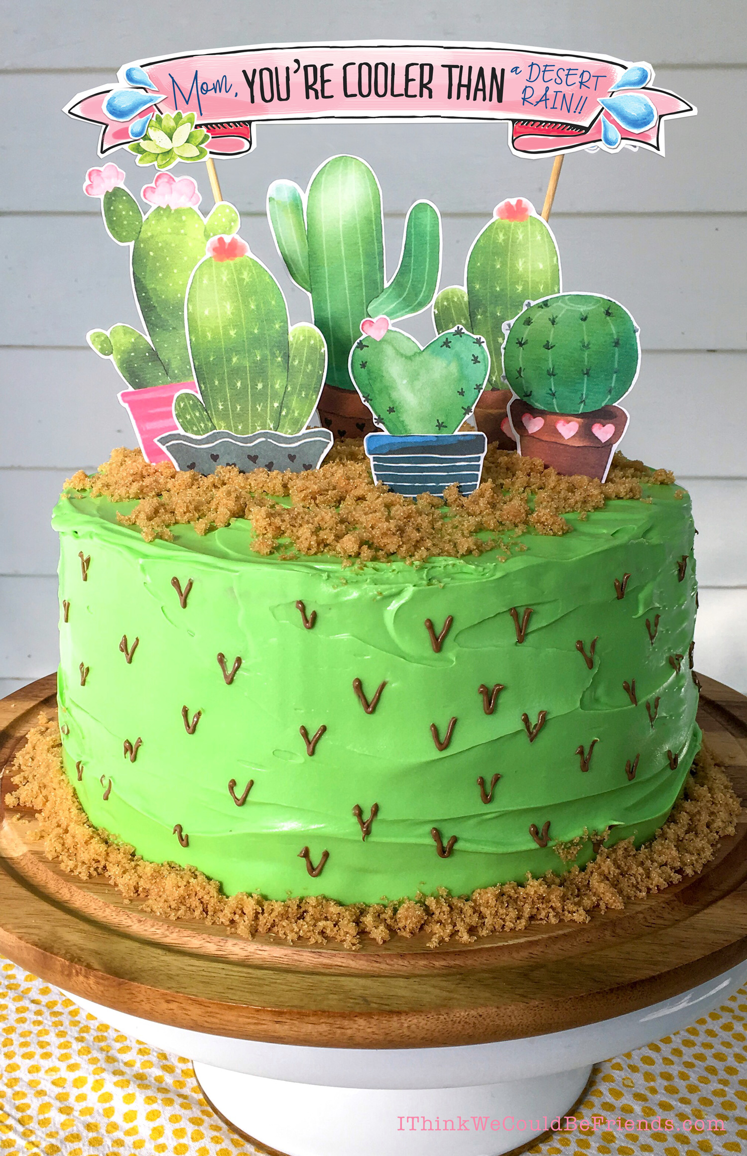 This Mother's Day Cactus Cake Topper is super EASY to make and FREE! What mom doesn't love that? You can put it on a homemade cake or store bought, just print, cut out the shapes, hot glue to skewer sticks and decorate! #mothers #day #cake #diy #decoration #topper #free #printable #cactus #succulent #easy