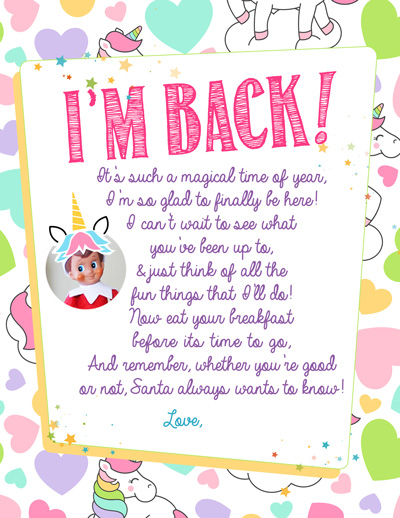New this year! Unicorn Breakfast Arrival Letter from the complete index of FREE printable Elf on the Shelf Arrival Letters, updated daily, with NO dead links! Happy Elf Arrival! #elfontheshelf #arrival #ideas #letter #free #printable #quick #easy #funny #toddler #unicorn