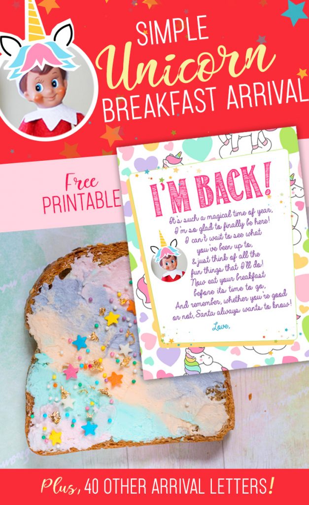 Elf on the Shelf Arrival Idea: Unicorn Breakfast with FREE Printable Letter! This is an EASY and fun way to welcome your Elf back this Christmas! #elfontheshelf #arrival #ideas #unicorn #christmas #letter #free #printable #elf #easy #quick #funny