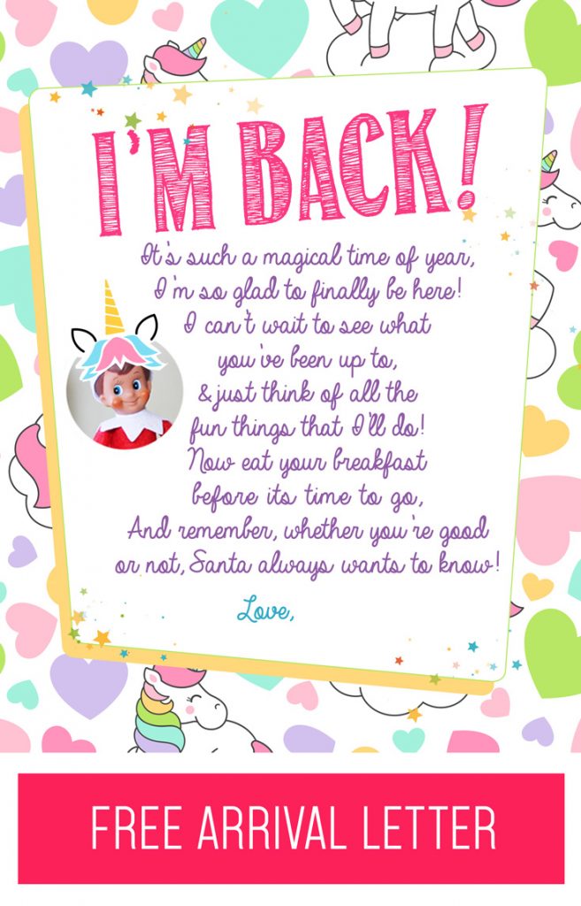 Elf on the Shelf Arrival Idea: Unicorn Breakfast with FREE Printable Letter! This is an EASY and fun way to welcome your Elf back this Christmas! #elfontheshelf #arrival #ideas #unicorn #christmas #letter #free #printable #elf #easy #quick #funny