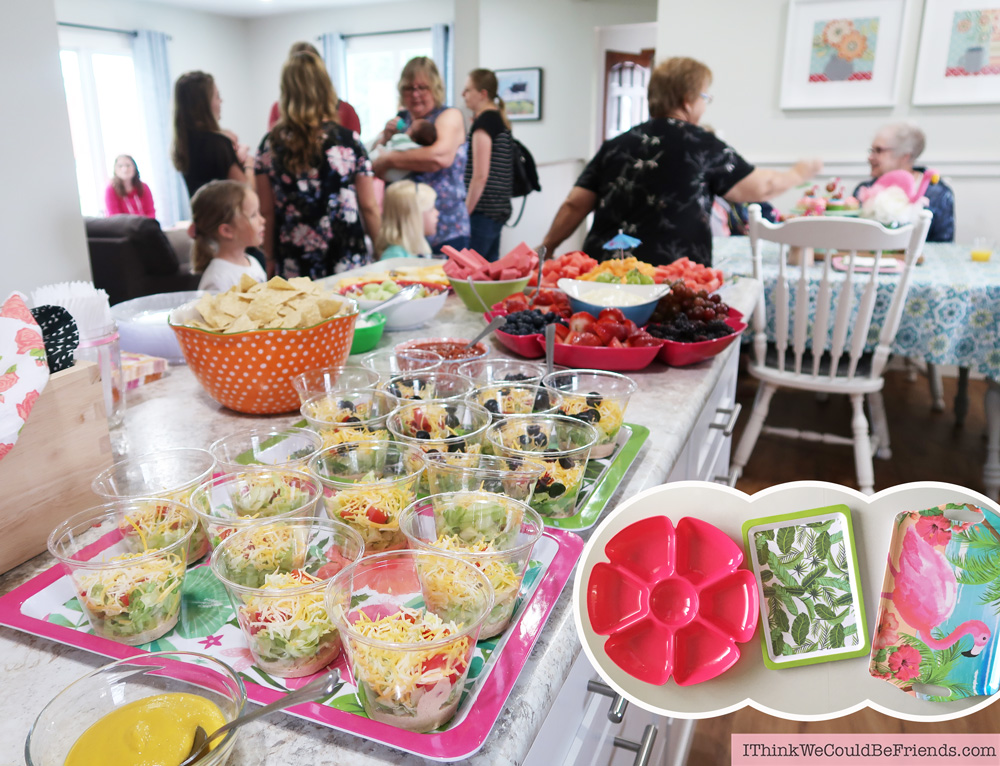 Cheap but TASTEFUL Flamingo Party Decoration Ideas, using ALL items from the Dollar Tree! We hosted a beuatiful Flamingo Baby Shower for my sister that didn't break the bank!!! Everyone LOVED the flamingo theme and especially the DIY Tropical Balloon Garland, includes a FREE printable, too! #flamingo #party #decoration #ideas #free #printable #cheap #easy #baby #shower #bridal #kids