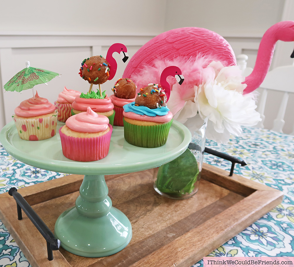 Super fun Flamingo Cupcakes! Cheap but TASTEFUL Flamingo Party Decoration Ideas, using ALL items from the Dollar Tree! We hosted a beuatiful Flamingo Baby Shower for my sister that didn't break the bank!!! Everyone LOVED the flamingo theme and especially the DIY Tropical Balloon Garland, includes a FREE printable, too! #flamingo #cupcakes #party #decoration #ideas #free #printable #cheap #easy #baby #shower #bridal #kids