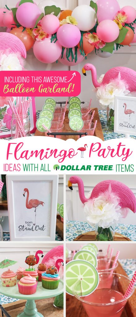 Cheap but TASTEFUL Flamingo Party Decoration Ideas, using ALL items from the Dollar Tree! We hosted a beautiful Flamingo Baby Shower for my sister that didn't break the bank!!! Everyone LOVED the flamingo theme and especially the DIY Tropical Balloon Garland, flamingo cupcake topper and a FREE printable! #flamingo #party #decoration #ideas #cupcake #topper #free #printable #cheap #easy #baby #shower #bridal #kids