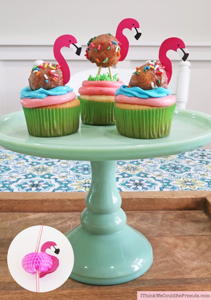 EASY Flamingo Cupcake Topper Idea!!! Cheap but TASTEFUL Flamingo Party Decoration Ideas, using ALL items from the Dollar Tree! #flamingo #cupcake #topper #party #decoration #ideas #free #printable #cheap #easy #baby #shower #bridal #kids