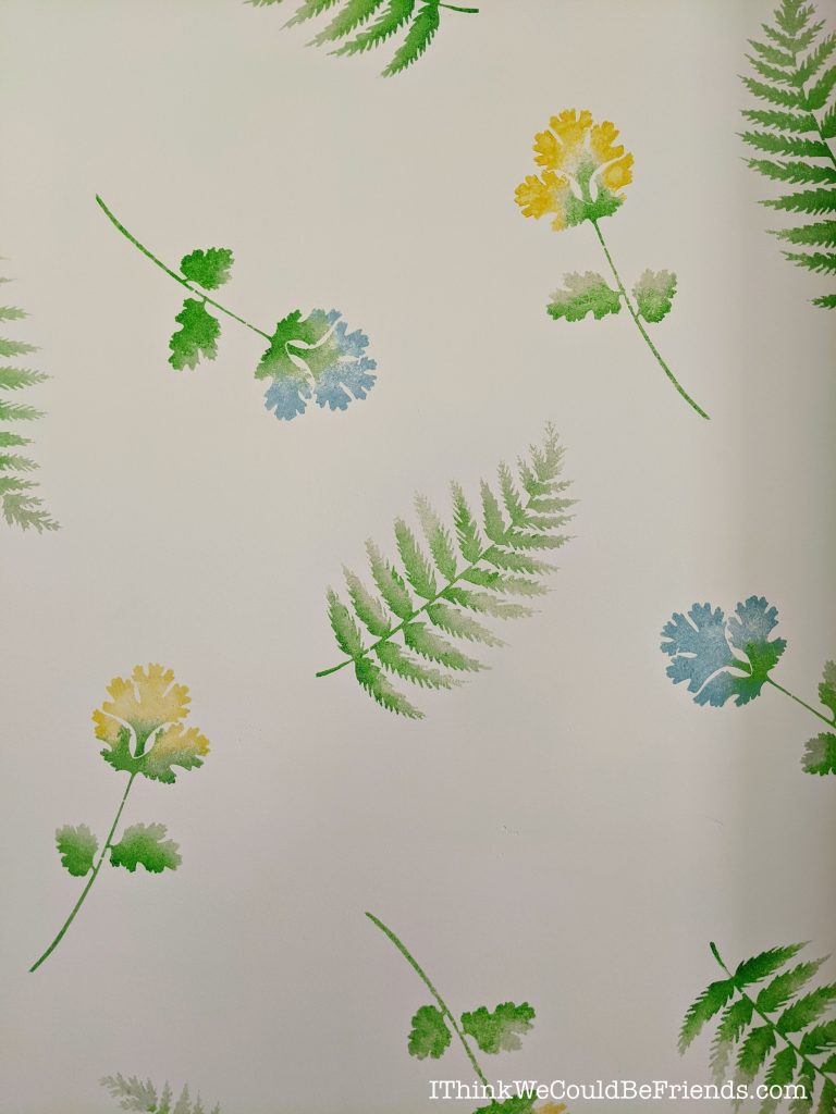 Up close of watercolor stenciled wall to look like wallpaper