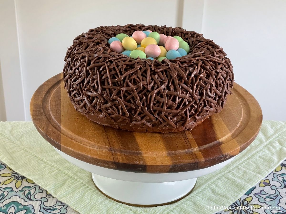 easter nest bundt cake with candy eggs