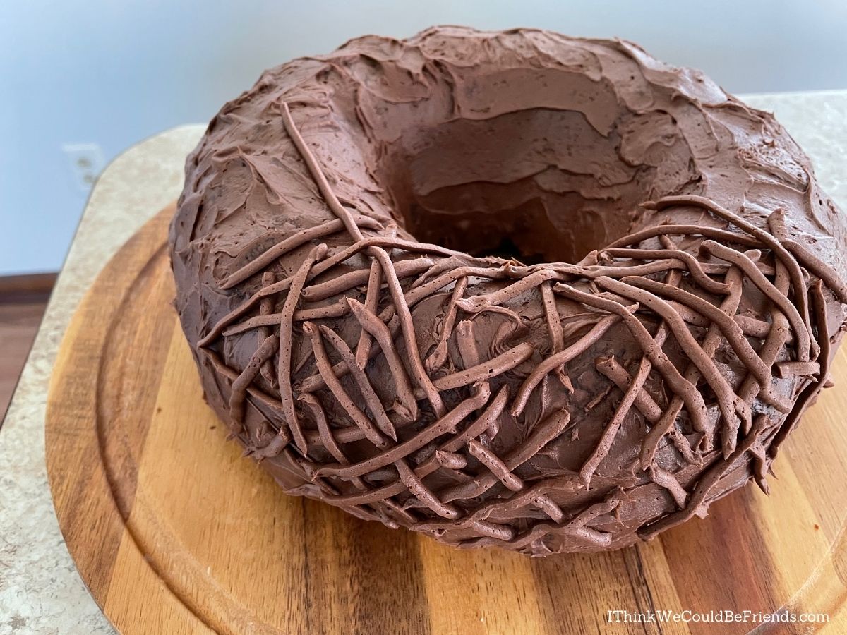 chocolate bundt cake, icing in progress